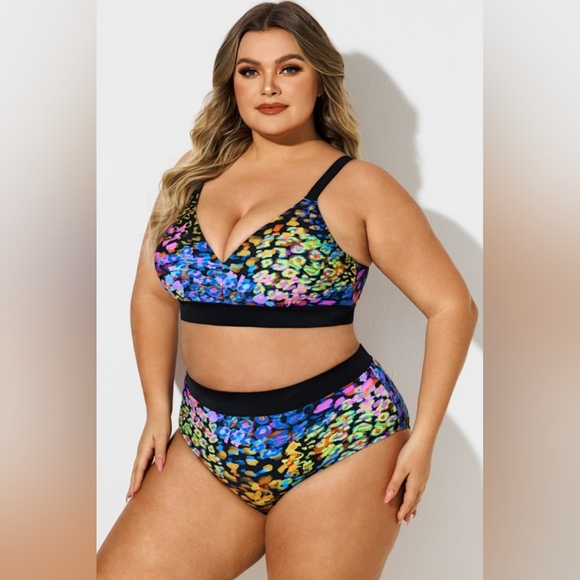 NEW NWT MeetCurve Plus Size V-Neck Neon Leopard Print Bikini Top & Bottom - Picture 5 of 7